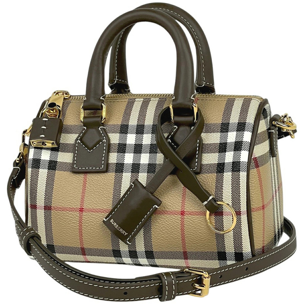 Burberry Check Bowling Bag Shoulder Handbag Canvas Brown White